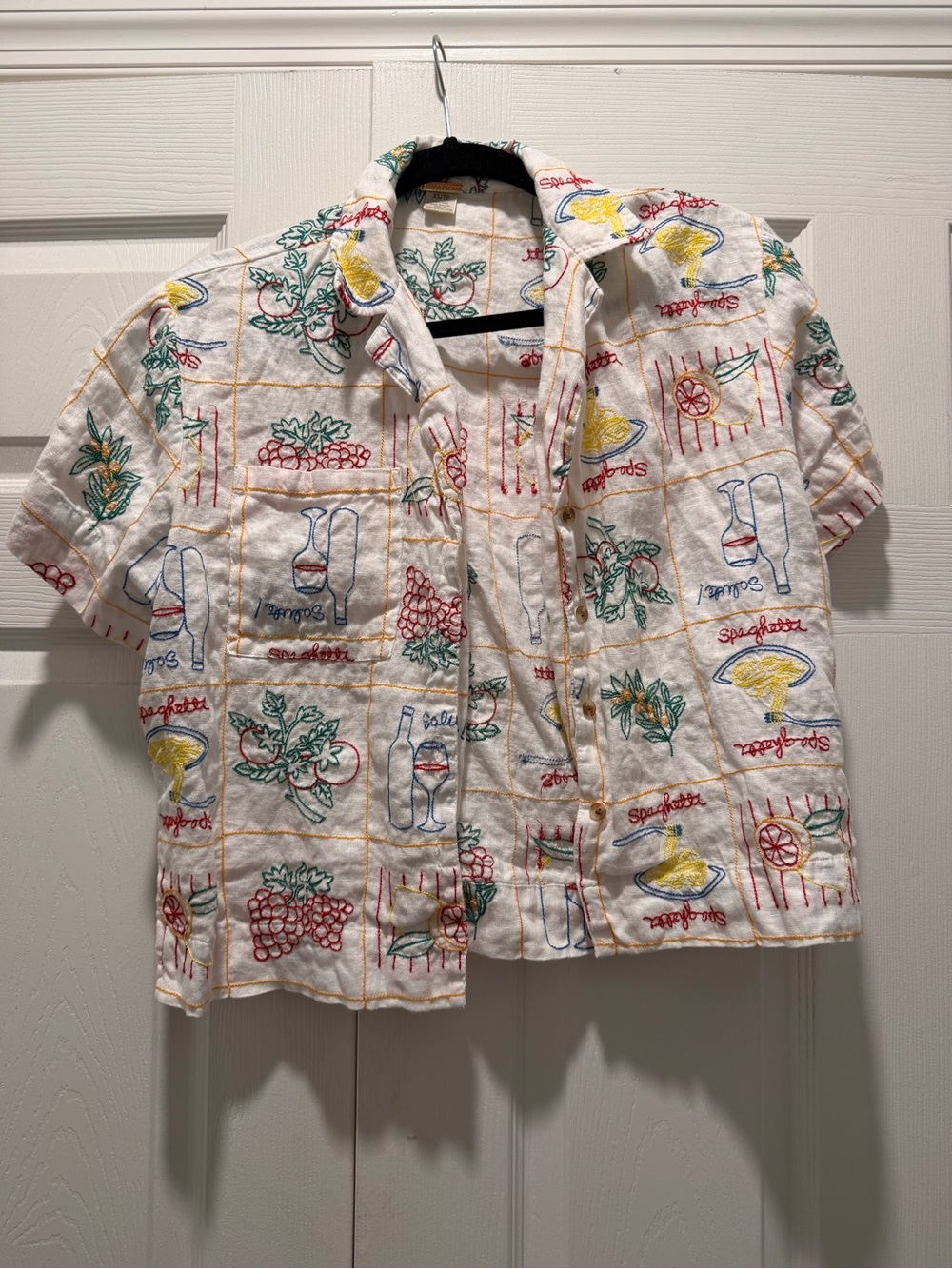Magaschoni White Linen Short-Sleeve Shirt with Multicolor Embroidery - Picture 1 of 4